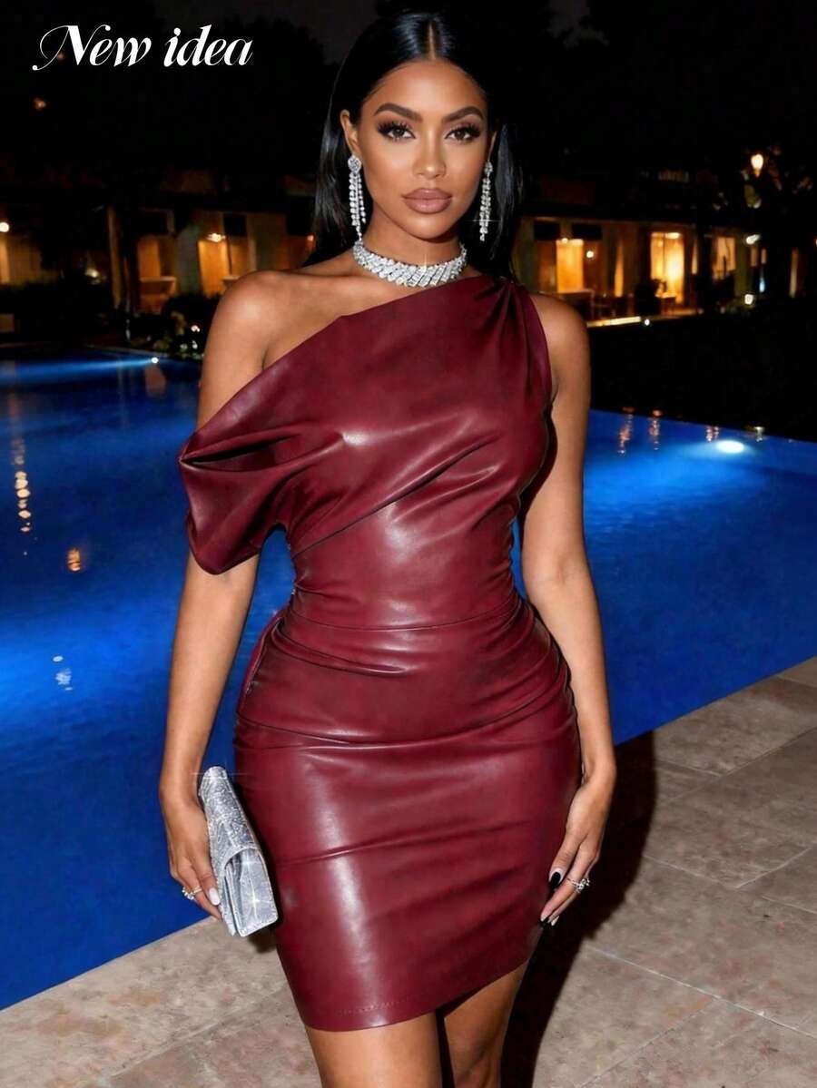 Women's Burgundy Faux Leather Bodycon Mini Dress, Sexy Fitted Party Dress For Music Festival, Wedding, Nightclub