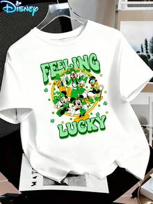 Disney Women's Mickey & Friends St. Patrick's Day Lucky Character Collage Short-Sleeved T-Shirt - Green Lucky Theme Round-Neck Top, Soft Cotton Breathable Fabric - 白色 - 查看 2