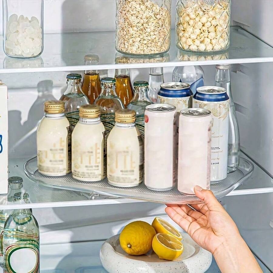 360°旋转冰箱收纳托盘 - 透明塑料转盘，适用于厨房、橱柜和桌面收纳，35厘米长方形设计，抛光表面，非常适合存放调味品、罐子和瓶子，冰箱收纳神器 - 彩色 - 查看 1