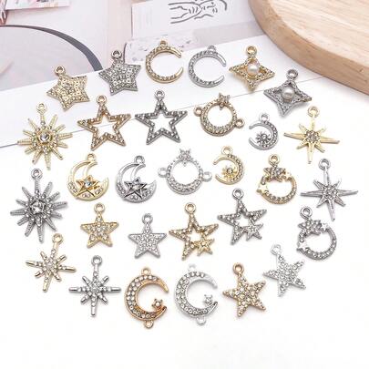10/30 piezas Encantos de sol, luna y estrella de aleación con cristales de strass, encantos celestiales dorados para hacer joyas DIY, pulseras, collares