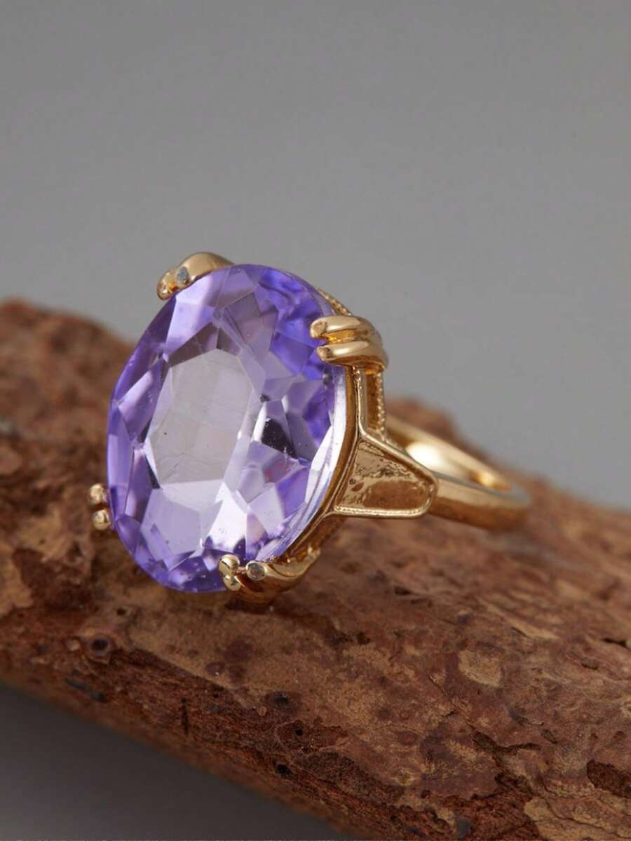 1PC Luxury Purple Large Crystal Gold Colour Ring Women's Luxury Wedding Accessories Bridal Engagement Party Jewellery - Purple - View 1