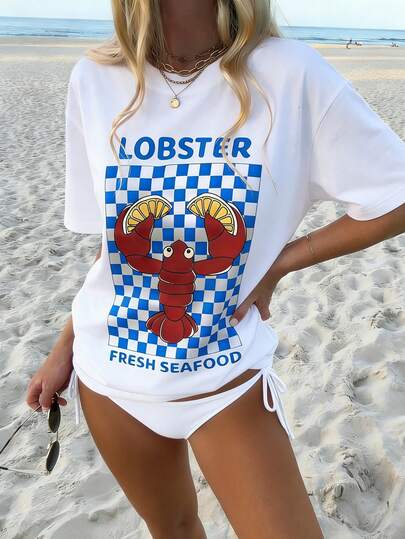 MOOSGOP 夏季上衣 - 海滩度假波西米亚风 / 休闲 / 百搭 / 舒适 / 家居服 - 格纹龙虾柠檬字母印花 / 水印设计 - 宽松圆领落肩短袖T恤 - 女士沙滩装