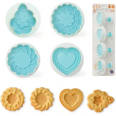 Cookie Stamps Set Of 4, Cookie Press, Decorating Supplies Baking, Cake, Pastry, Easy To Use-Flower Heart
