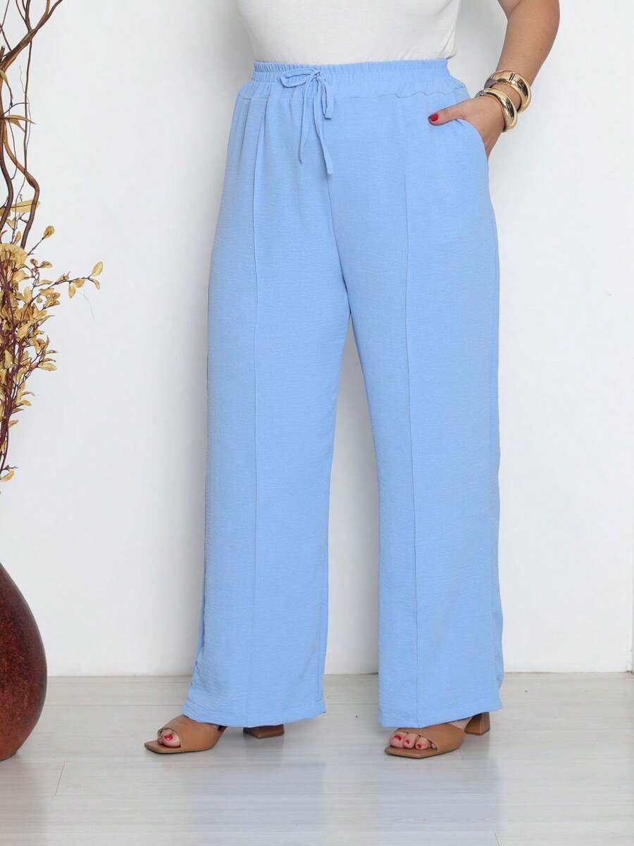 Women's Plus Size Wide-Leg Pants By Duna With Pockets - Màu xanh nhạt - Xem 1