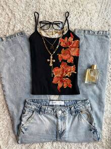 两件套休闲Y2K女式复古花卉刺绣亮片吊带无袖背心，优雅外出派对夏季度假装，黑色 - 黑色 - 查看 4