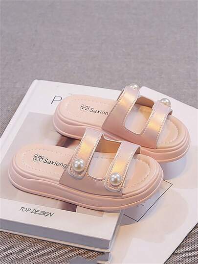 1 Pair Pink Baby Girls' Fashion Rhinestone Slides, Colorful Soft PU Material Round Toe Slip-On Flat Comfy Cute Roman Beach Sandals, Suitable For 3-15 Years Old Girls Daily Casual Beach Holiday Wear, Summer New Arrival