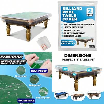 2-Pack Billiard And Pool Table Cover 8 Feet - Reusable Heavy-Duty Clear Plastic Standard 8ft Pool Table Covers Waterproof Cover For Storage Moving And Dust Protection 100" X 56" X 8"Gift
