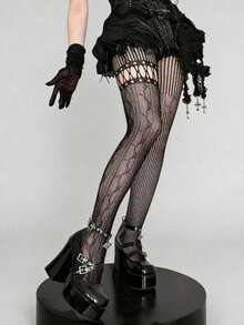 1 Pair Asymmetric Hollow Fishnet Stockings, Sexy Personalized Black Ripped Pantyhose, Gothic Punk Millennium Fishnet Tights - Multicolor - View 6