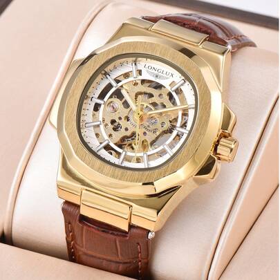 LONGLUX 1pc Men's Double-Sided Hollow Automatic Mechanical Watch, Waterproof Leather Strap, Classic & Elegant