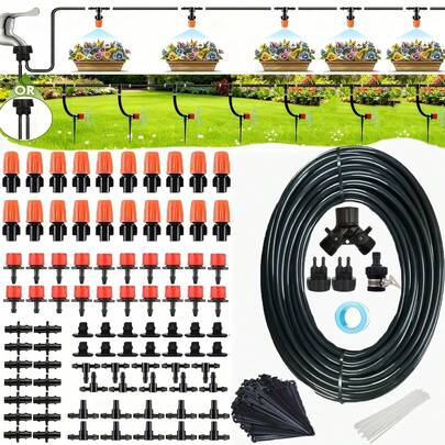 Sistemas de riego por goteo automáticos con rociadores ajustables y dispositivos de nebulización son kits de riego adecuados para jardines, céspedes, plantas en macetas y cestas colgantes, diseñados para un uso eficiente del agua.