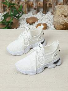 1 Paar modische weiße Kindersneaker, vielseitig atmungsaktiv mit dicker Sohle, geeignet für Outdoor-Sport & Lässig Bekleidung, ganzjährig - Weiss - Übersicht 1