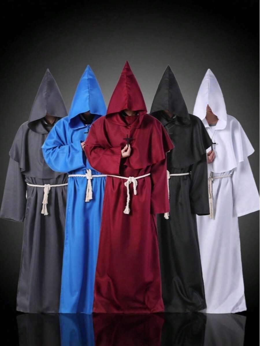 1 Set Medieval Hooded Cloak Monk Robe Wizard Priest Costume For Halloween Cosplay, Includes Robe + Hood + Belt + Necklace - Red - View 1