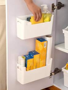 2 piezas/1 pieza Caja de almacenamiento montada en la pared de la cocina sin taladro, con bolsa de almacenamiento interior. Estantería de almacenamiento multiusos para artículos de limpieza. Artículos para el hogar. - Multicolor - Ver 1
