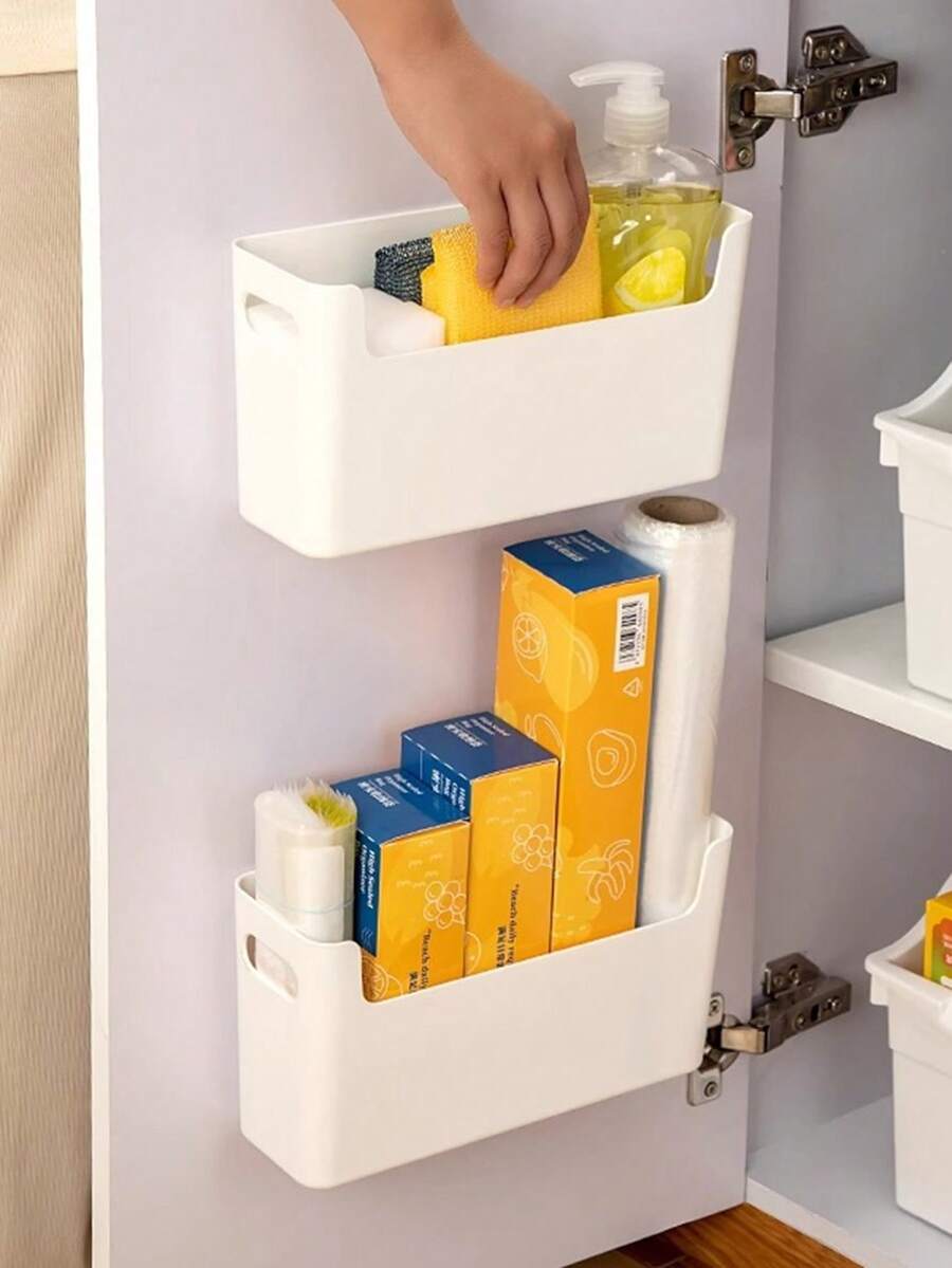 2 piezas/1 pieza Caja de almacenamiento montada en la pared de la cocina sin taladro, con bolsa de almacenamiento interior. Estantería de almacenamiento multiusos para artículos de limpieza. Artículos para el hogar. - Multicolor - Ver 1