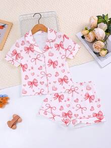 Bộ đồ ngủ mùa hè nhẹ nhàng 2 món, màu hồng dễ thương cho bé gái, họa tiết nơ và trái tim 3D, thời trang đa năng, chất liệu mềm mại, thoáng khí, chống cháy, món quà lý tưởng cho kỳ nghỉ hè! - Hồng - Xem 1