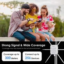 Extensor/Punto de acceso WiFi 6 para exteriores, Amplificador de señal inalámbrica de banda dual AX3000 de 3.0Gbps, 6 antenas de alta ganancia de 7dBi, protección IP67 contra agua y clima, protección contra descargas electrostáticas de 15kV, cobertura de largo alcance de hasta 300m/984ft, alimentado por PoE, modos Mesh/AP/Router/Repetidor para 256+ dispositivos, ideal para patio, jardín, almacén, el mejor repetidor WiFi para exteriores - Ver 6