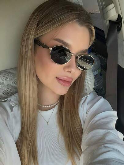 1pc European And American New Metal Oval Frame Fashion Glasses, Retro Elegant Versatile Street Style Fashion Glasses For Women