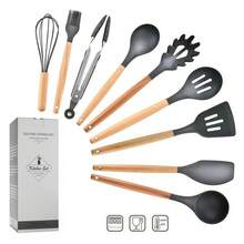 8/9/11件套木柄硅胶厨房用具套装，9件套深灰色木质硅胶厨房工具铲勺套装，欧式不粘锅烘焙工具套装 - 黑色 - 查看 15