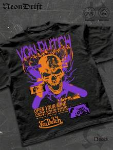 NeonDrift Street Double-Sided Printing Cotton T-Shirt 100% Cotton Fabric Unisex Style-Men T Shirt Skull Graphic Print Neon Yellow Orange Cross Design Streetwear Fashion Casual Wear For Urban Style Fans Hip Hop Look Breathable 100 Cotton Comfortable Fit - 黑色 - 查看 3