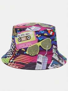 1顶男女通用复古经典“80、90年代”卡带收音机涂鸦印花双面渔夫帽，轻便透气宽檐遮阳帽，百搭休闲街头风，适合各种场合 - A - 查看 5