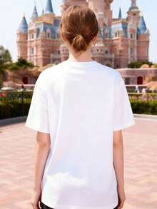 Disney New Spring/Summer Women's Round Neck Short-Sleeved Top With A Romantic Castle Print Featuring A Pink Minnie Mouse Head Bow. Made Of Comfortable, Soft, And Breathable Pure Cotton, This T-Shirt Is Suitable For Outings, Commuting, And Parties. - White - View 2