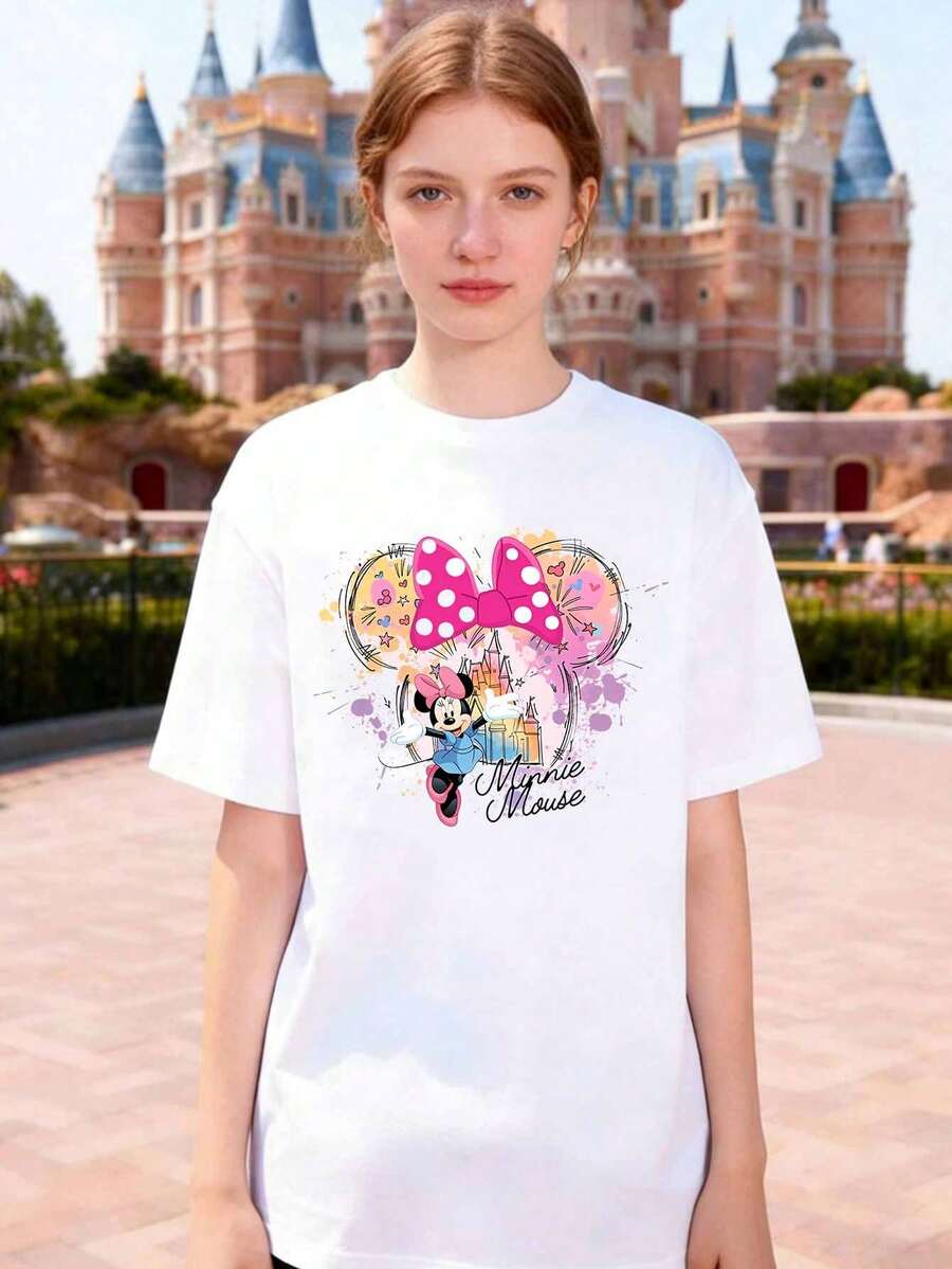 Disney New Women's Minnie Mouse Bow Pattern T-Shirt, Casual Round Neck Short-Sleeved Women's Top, Loose Pure Cotton Short-Sleeved Summer T-Shirt, Slimming And Flattering, Suitable For Outings, Commuting, Parties And Other Women's Clothing. - White - View 1