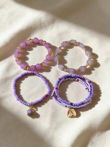 Set de 4 piezas de pulseras de joyería con cuentas de mijo - morado claro - Ver 4