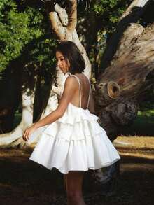 Damen Sommer halb-transparentes quadratisches Ausschnitt Urlaubs-Stil sexy Rüschen-Saum Spaghettiträger Kuchen Kleid, rückenfreies ärmelloses locker sitzendes Mini-Kleid, Sommer Outfits, Konzert Outfit für Frauen, Rave Outfits Festival, Urlaubs Outfits für Frauen Party Elegant Weiß - Weiss - Übersicht 11