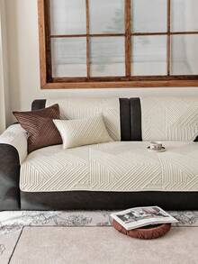 1 pieza Funda de cojín de sofá de peluche bordada con diseño romántico de temporada de bodas, funda de sofá con patrón geométrico de líneas y flores de unicolor, antideslizante y antiarañazos, adecuada para todas las estaciones, fácil de limpiar, decoración del hogar para días festivos, se ajusta a sofás de 1/2/3/4 plazas - Beis - Ver 4