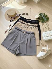 Set Of 3 Women's Casual Tailored Shorts With Belt - Summer 2026  - Pockets, Zipper Closure, And Belt - Màu be/xám và đen - Xem 2