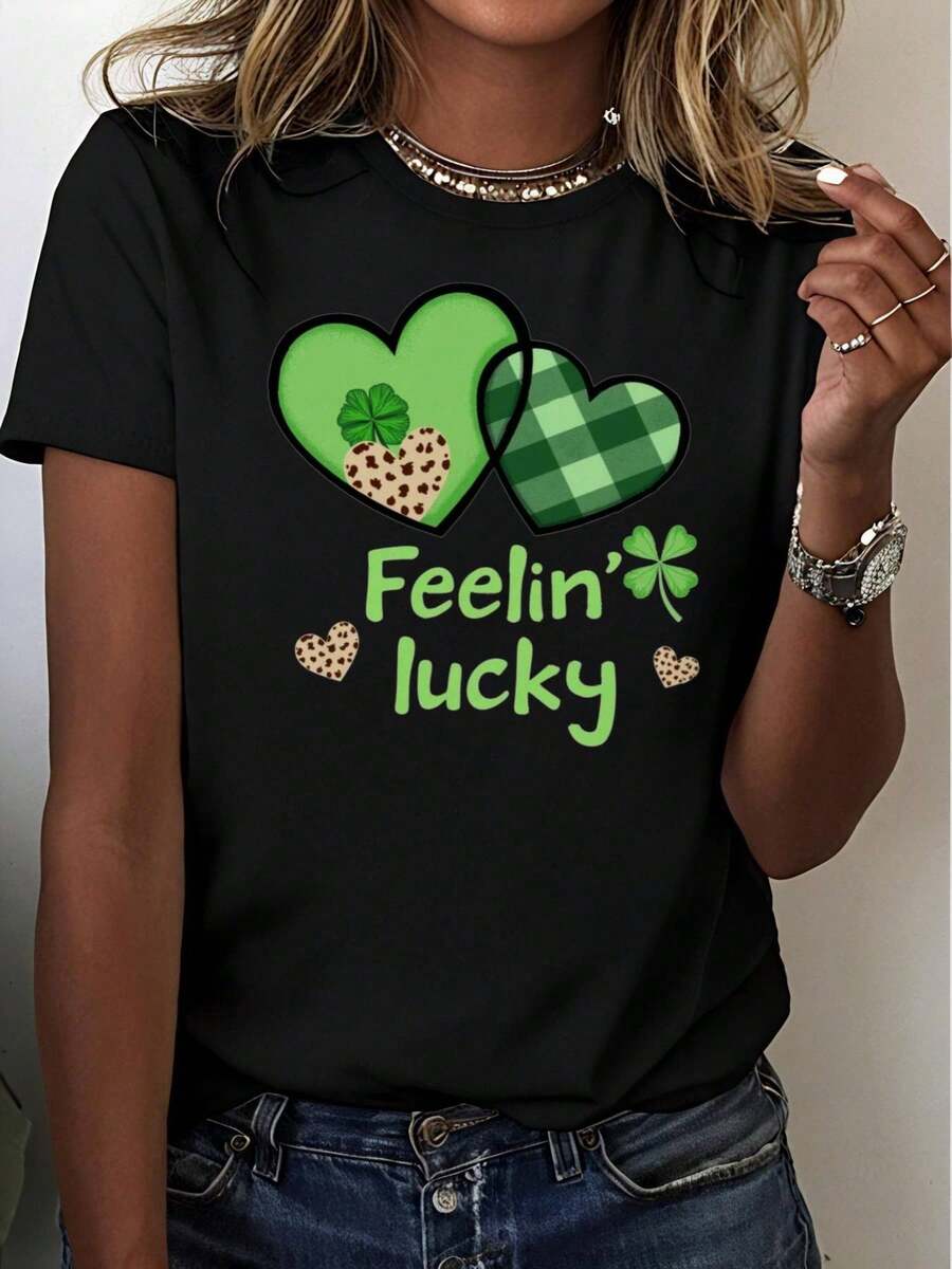 1pc Camiseta Casual de Manga Corta con Estampado de Trébol de 4 Hojas de la Suerte para Mujer, Cuello Redondo 100% 180g, Top Casual para San Patricio - Oscuro - Ver 1
