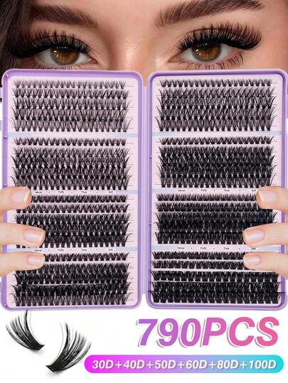 Rikuaild 540/544/608/790 Pcs D Curl Bulk Pack False Eyelashes Book,30D+40D+50D+60D+80D+100D Curled DIY Lashes, Natural Fluffy Lightweight Soft Reusable Individual Cluster Lashes, Suitable For Travel Daily Wear (Beginner Friendly) Wedding Date Party Holiday Gift Lash Set