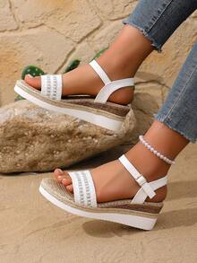 夏季新款坡跟凉鞋 女款 编织水钻露趾带增高显瘦 沙滩度假风鞋 - 白色 - 查看 1