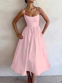 Women's Elegant And Sexy U-Neck Camisole Dress - A-Line Pleated Mid Length Skirt, Suitable For Daily Wear, Weddings, And Vacations - 淺粉色 - 查看 2