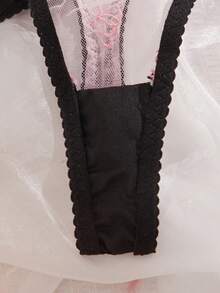 黑色和粉色撞色蝴蝶刺绣舒适日常文胸内裤套装，性感女士内衣套装 - 黑粉紅色 - 查看 5