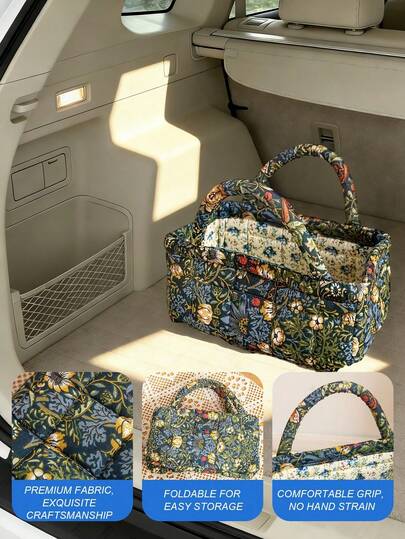 Floral Print Foldable Car Trunk Organizer Box With Handle, Suitable For Car, Home And Travel Storage