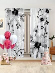 2pcs Floral Style Curtains, Featuring Countryside Charm, Suitable For Bedroom, Office, Kitchen, Living Room, Study, Home Decor, Beautiful, Easy To Install And Durable (Single Layer Printed Curtains, No Valance) - Black and Gray - View 6