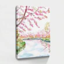 1pc Blue Summer Wall Art, Beach Decor, Ocean Framed Wall Art, Wrapped Canvas Poster Vintage Prints, Tree With Pink Flowers, Body Of Water,  Landscape - Botanical, Watercolor, Realistic, Delicate Style, Home Living Room Bedroom Ofice Wall Decor, Birthday Party Decor, Hanging Hardware Included - Wrapped Framed Canvas, Vertical - Lienzo enmarcado - Ver 1