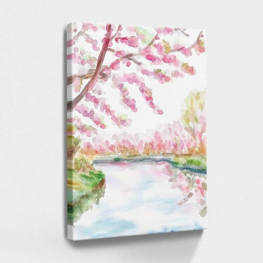1pc Blue Summer Wall Art, Beach Decor, Ocean Framed Wall Art, Wrapped Canvas Poster Vintage Prints, Tree With Pink Flowers, Body Of Water,  Landscape - Botanical, Watercolor, Realistic, Delicate Style, Home Living Room Bedroom Ofice Wall Decor, Birthday Party Decor, Hanging Hardware Included - Wrapped Framed Canvas, Vertical - Lienzo enmarcado - Ver 1