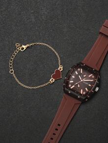 2pcs/Set Women's Silicone Watch With Barrel Shape Dial, Numeric Scale Dial, & Elegant Quartz Wristwatch + Heart-Shaped Bracelet (Watch Box Not Included) - Brown - View 4