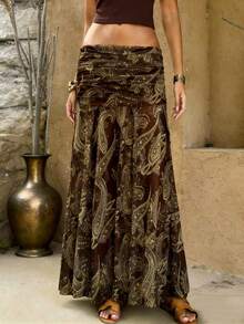 Women's Bohemian Style Floral Print High Waist Pleated Flowing Maxi Dress, Summer Beach Holiday Skirt - Coffee Brown - View 1