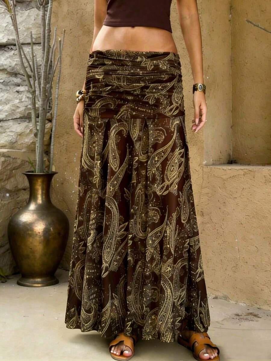 Women's Bohemian Style Floral Print High Waist Pleated Flowing Maxi Dress, Summer Beach Holiday Skirt - Coffee Brown - View 1