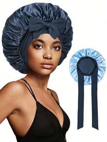 Double Layer Satin Sleep Cap With Bowknot Ribbon | Wide Brim, High Elasticity, Stretch Fit, All-Season, Lightweight, Fabric For Women. - Color - View 9