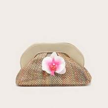 1 chiếc túi xách nữ phong cách đường phố tối giản, vintage, chất liệu rơm xếp ly, phối kim loại nhiều màu sắc, trang trí hình bướm và hoa. - Nhiều màu - Xem 7