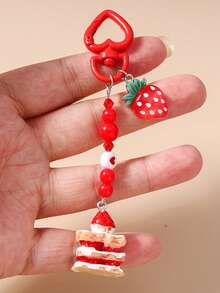 1pc Heart Beaded Keychain, Strawberry Cake Keyring, Keychain, Bag Charm - Multicolor - View 9