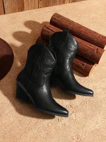 Women's Cowboy Ankle Boots Western Booties Low Heel Pointed Toe Cowgirl Boots - Toàn bộ màu đen - Xem 2