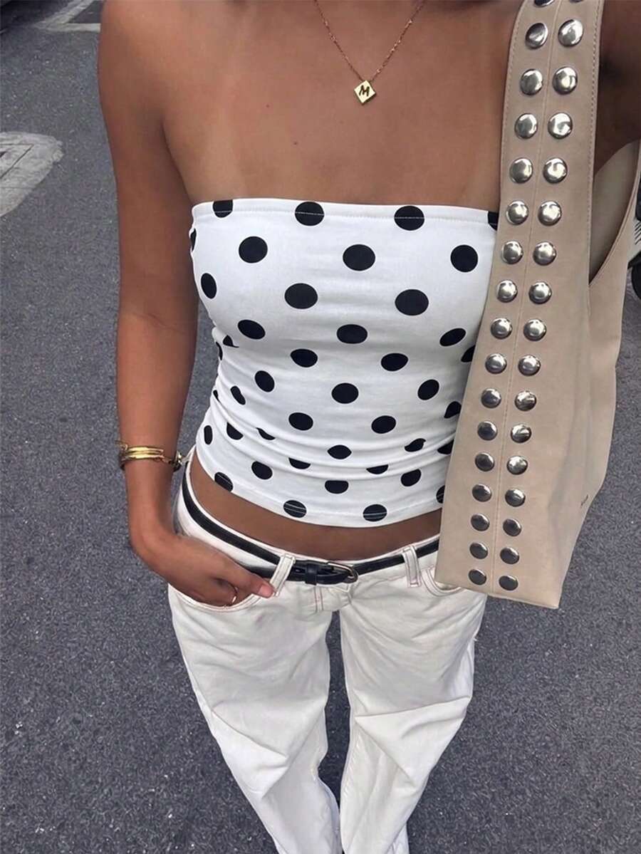 New Sexy Polka Dot Print Ruched Tube Top, Crop Top - White - View 1