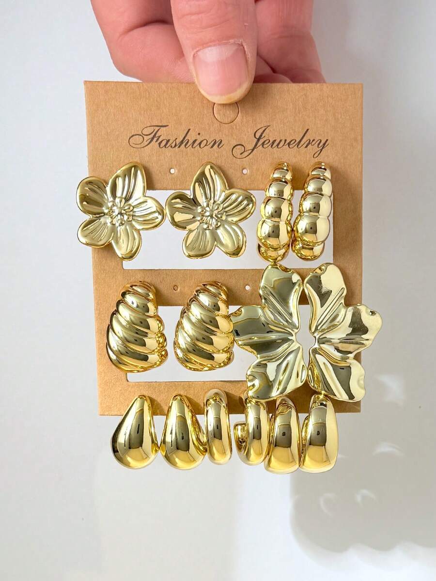 6-14pcs/Set CCB Flower & Water Drop Multi-Style Earrings, Suitable For Parties, Travel, Holidays, Gifts, Parties, And Casual Daily Wear - Gold - View 1