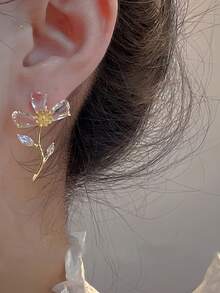 1 Pair Sweet & Gentle Style Pendant Earrings, Transparent Glass Flower Drop Earrings Suitable For Women's Balls, Banquets, Parties, Fashion Earrings - Multicolor - View 3