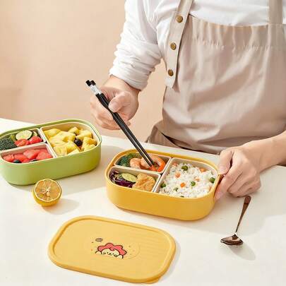 Bộ 1 hộp cơm trưa bằng nhựa họa tiết dễ thương, có 3 ngăn tháo rời, hộp đựng trái cây, salad, đồ ăn mang đi tiện lợi, hộp bento chia ngăn dung tích lớn, dùng được trong tủ lạnh và lò vi sóng, hộp đựng cơm kín chống rò rỉ, giữ tươi trong tủ lạnh, thích hợp cho học sinh và người lớn sử dụng tại nhà, trường học, ký túc xá, văn phòng, cắm trại ngoài trời, dã ngoại, du lịch, mang đi học.